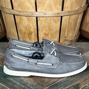 Sperry A/O 2-Eye Washed Flecked Pebbled Gray Red Leather Boat Shoes Mens Size 7
